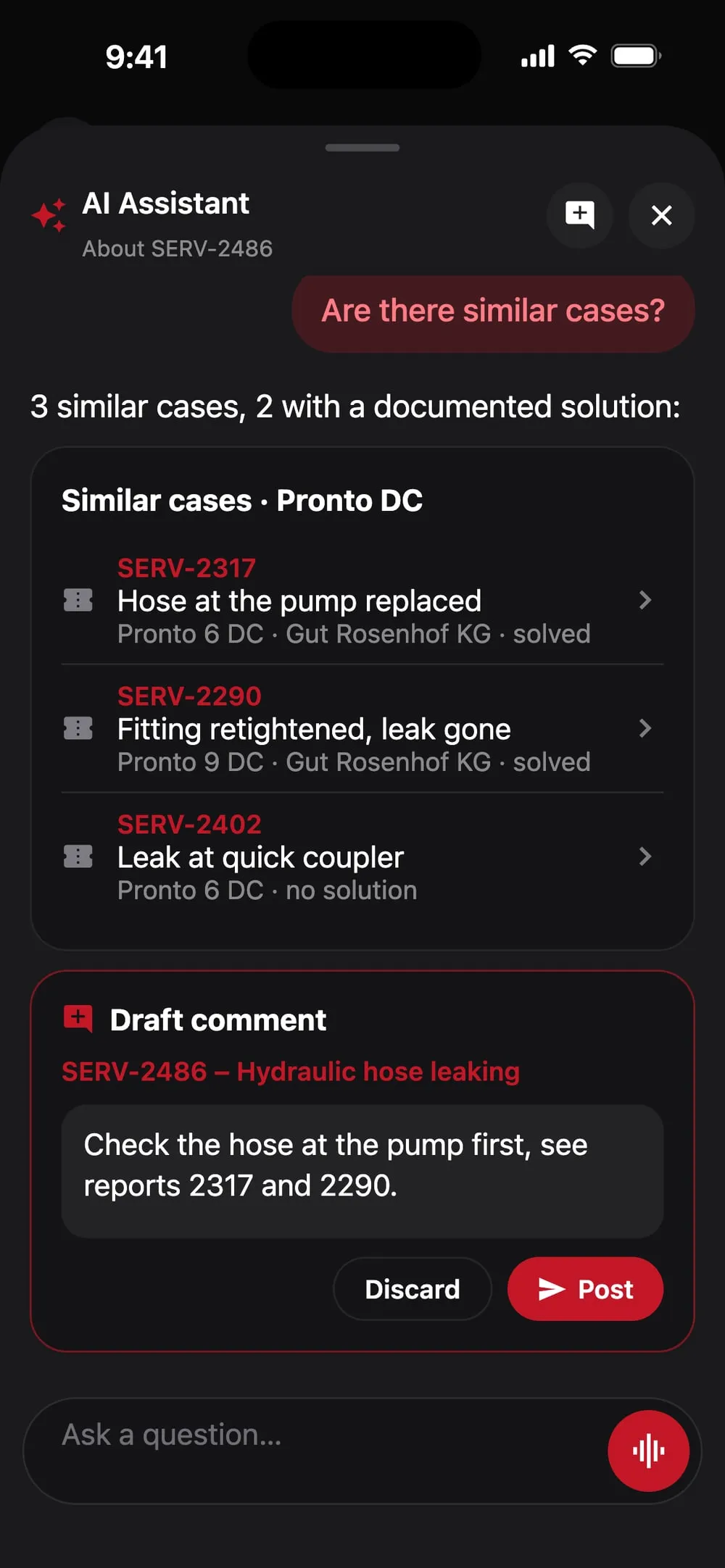 The assistant finds three similar cases and suggests a comment that a person sends