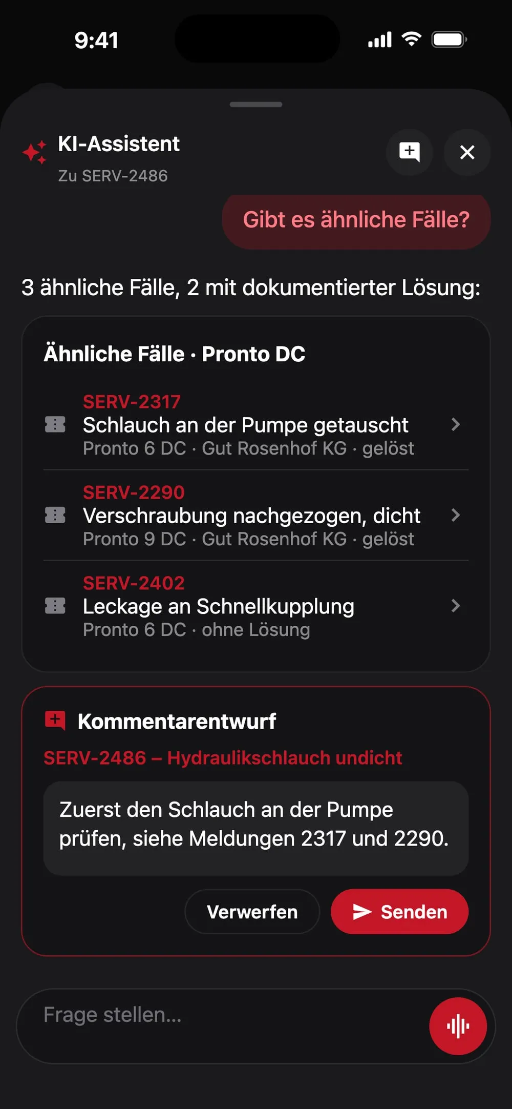 Der Assistent findet drei ähnliche Fälle und schlägt einen Kommentar vor, den ein Mensch sendet