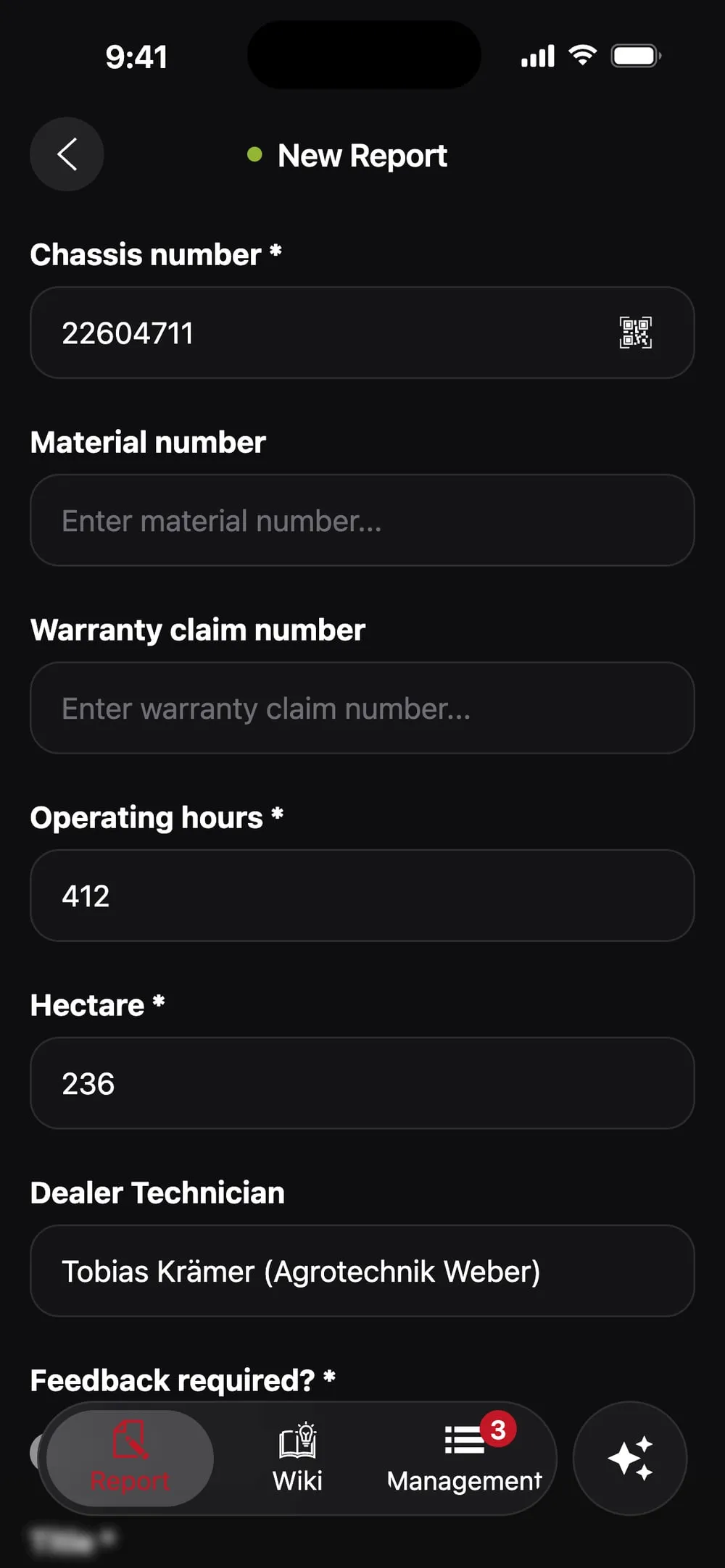 A new report for chassis number 22604711, read from the QR code on the machine, with operating hours and hectares
