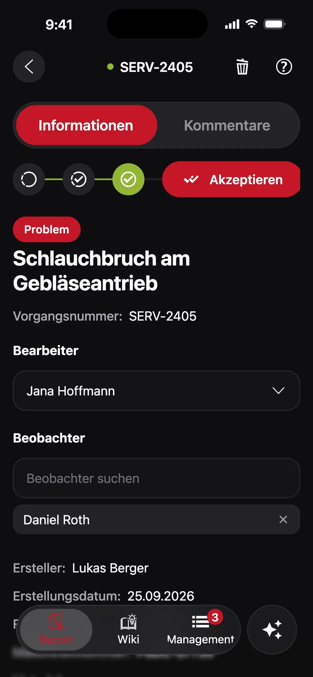 Eine erledigte Meldung mit dokumentierter Lösung, die der Melder akzeptieren kann