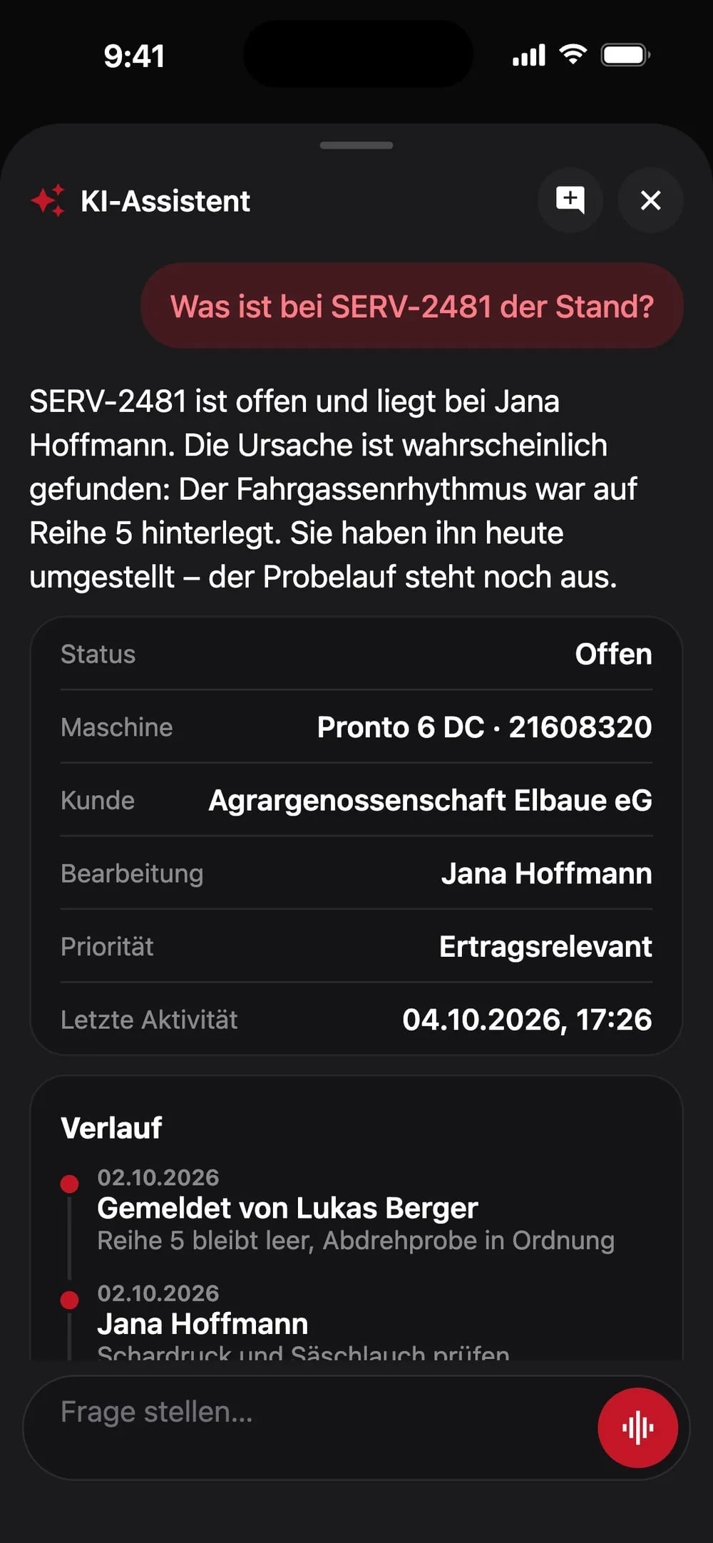Der Assistent fasst den Stand einer Meldung zusammen, mit ihrem Verlauf