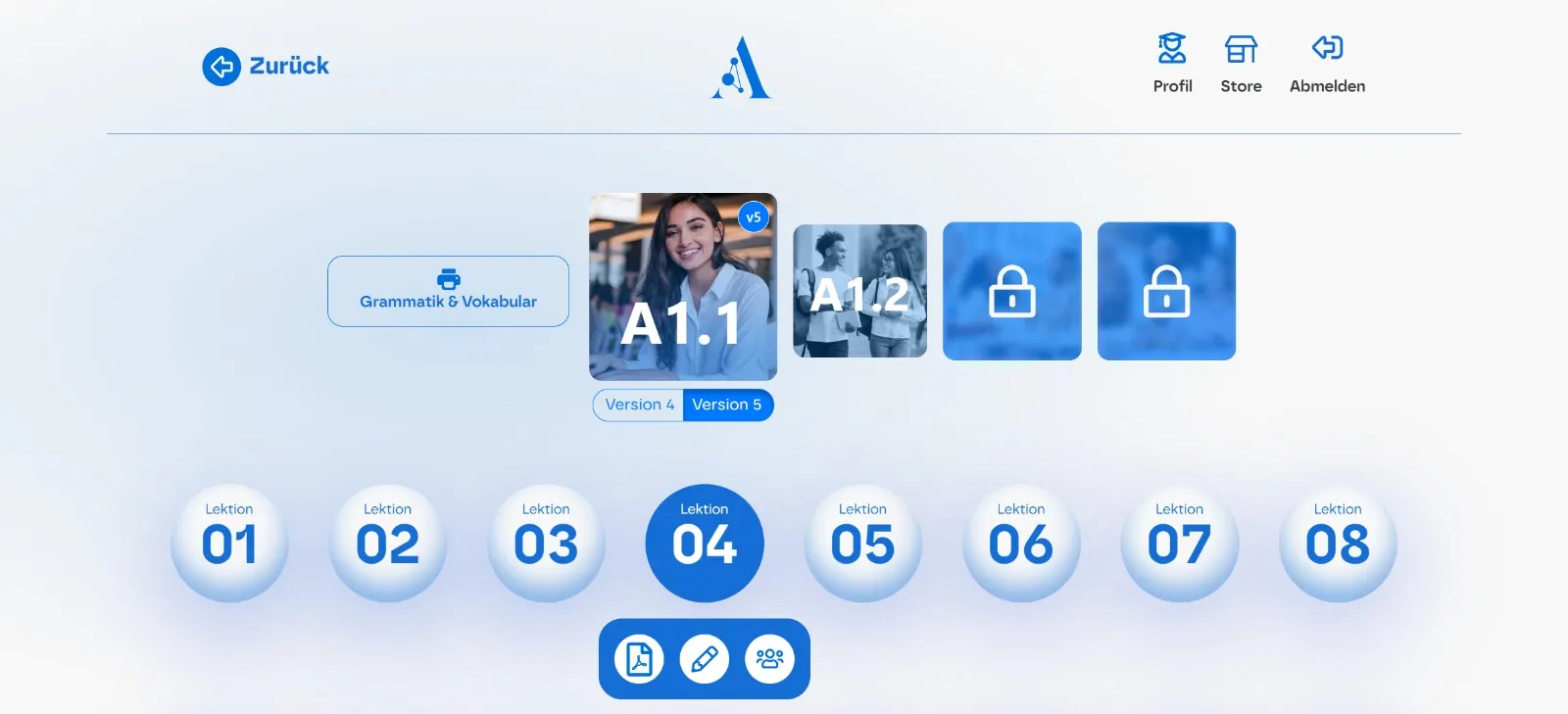 Course and lesson overview of the Almanach platform: levels A1.1 to A2.2 and the lessons within a level
