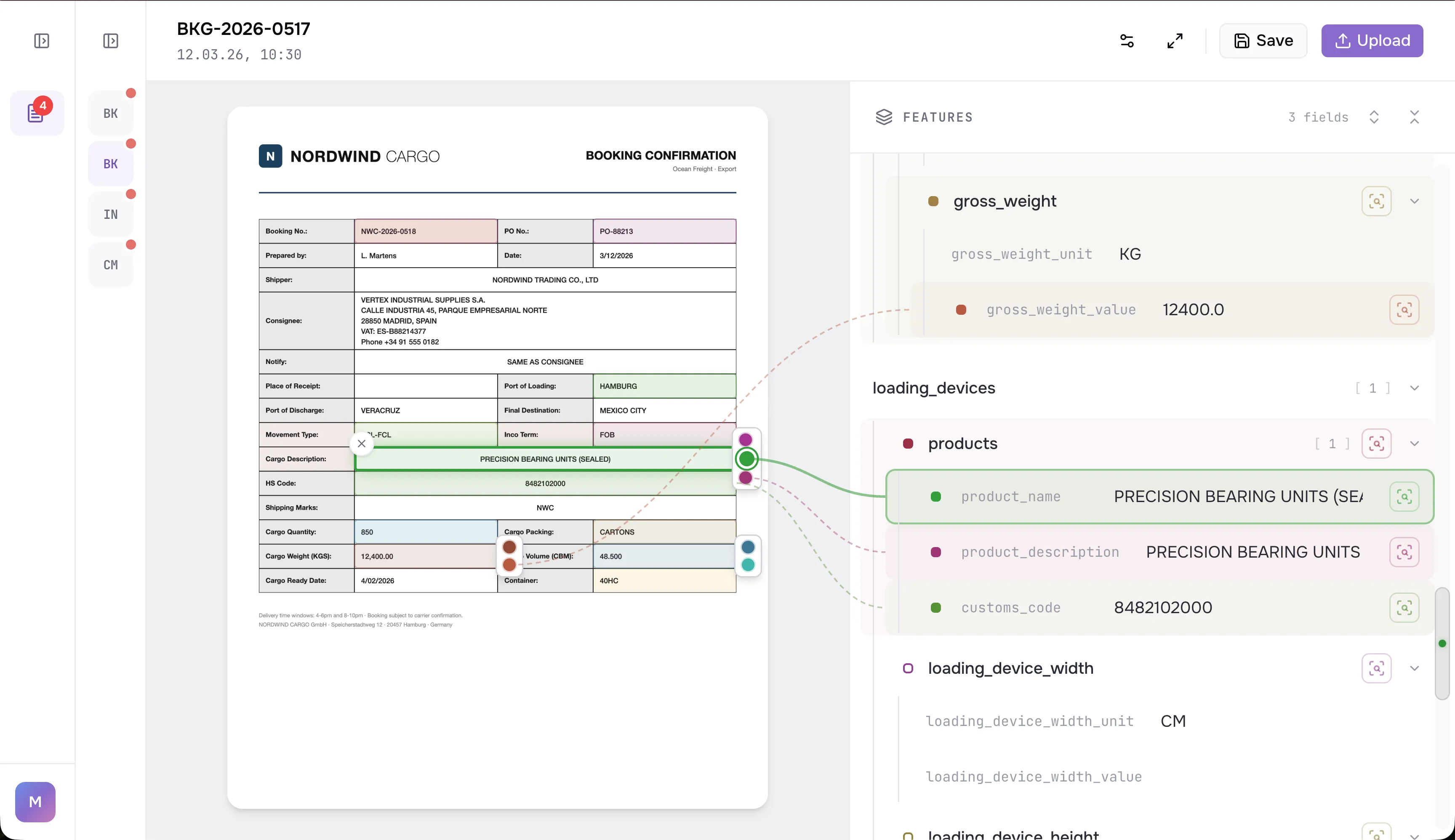 Uncovio document viewer: a booking confirmation with marked areas on the page and the extracted fields beside it
